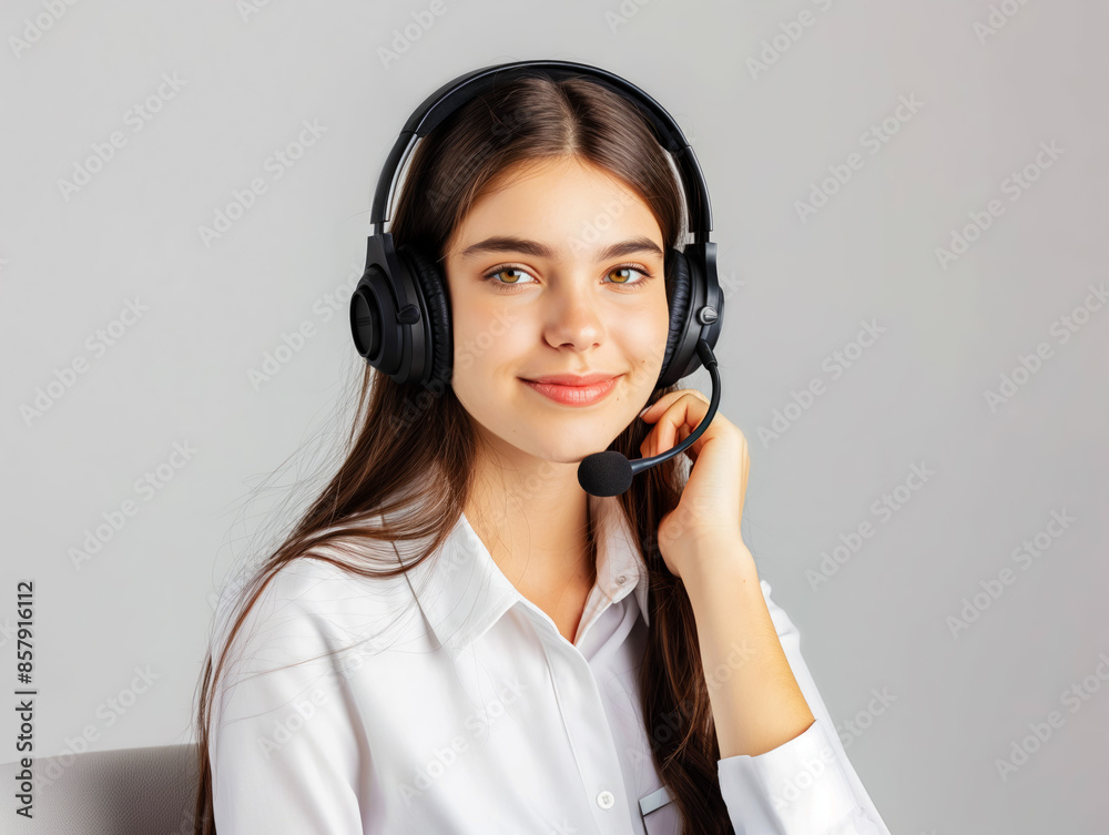 A smiling young woman wearing a headset on a gray background, concept of customer service. Generative AI A smiling young woman wearing a headset on a gray background, concept of customer service. Generative AI