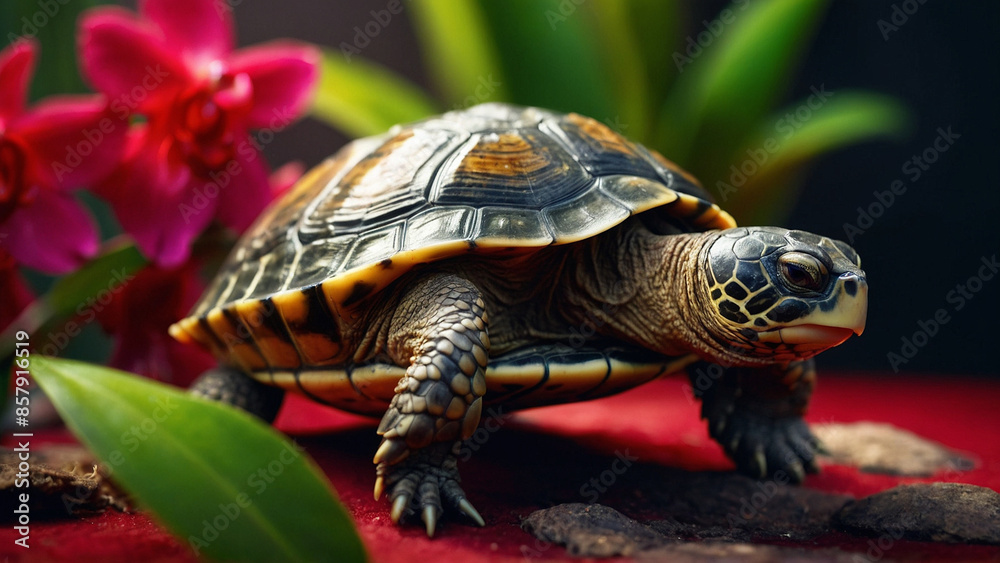 Turtle against the background of a blooming pink orchid Turtle against the background of a blooming pink orchid