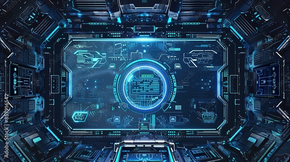 Fototapeta premium Futuristic Blue Technology Background with Virtual Screen Frame and Game Interface Design Template