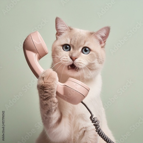 A cat is holding a telephone receiver and talking