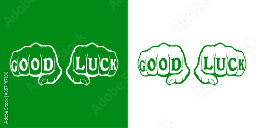 Día de San Patricio. Logo con tatuaje texto Good Luck en dedos de puños cerrados para tarjetas y felicitaciones