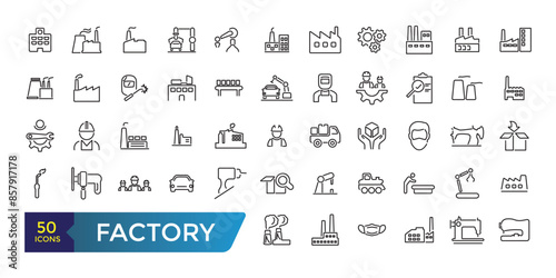 Factory icon set. Containing factory, eco factory, industrial robot, recycling plant. Collection and pack of linear web and ui icons. Editable stroke. Vector illustration