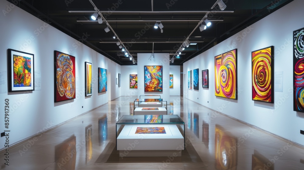 Art museum gallery with white wall showcases, featuring multiple abstract paintings with swirling patterns and vibrant autumn colors, each framed, raw style Art museum gallery with white wall showcases, featuring multiple abstract paintings with swirling patterns and vibrant autumn colors, each framed, raw style