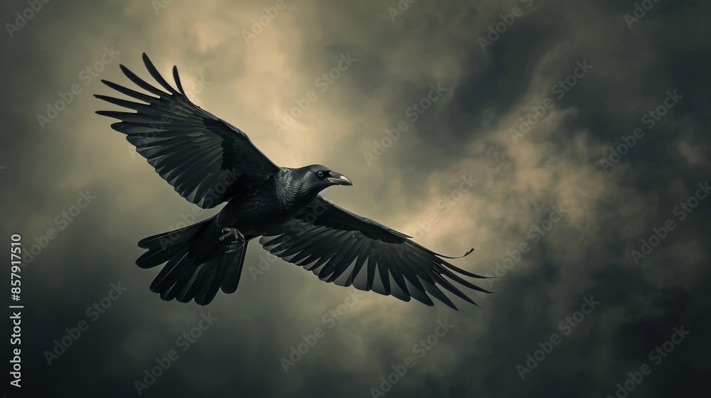 Obraz premium Blackbird in flight, wings outstretched, stormy clouds behind, looking up perspective, raw texture, dramatic atmosphere