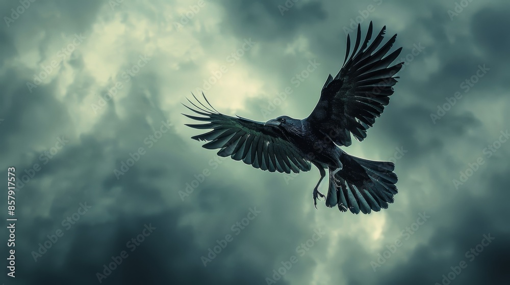Blackbird with spread wings soaring against a stormy sky, looking up, dramatic and raw, capturing the intensity of the scene Blackbird with spread wings soaring against a stormy sky, looking up, dramatic and raw, capturing the intensity of the scene