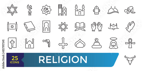 Simple Set of Religion Line Icons. Contains such Icons as Prayer Room, Temples, Divine Book and more. Collection and pack of linear web and ui icons. Editable stroke. Vector illustration