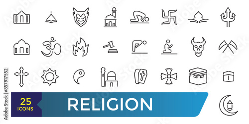 Simple Set of Religion Line Icons. Contains such Icons as Prayer Room, Temples, Divine Book and more. Collection and pack of linear web and ui icons. Editable stroke. Vector illustration