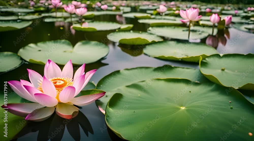 Picture of a lotus flower floating in a pond with a wide angle Picture of a lotus flower floating in a pond with a wide angle