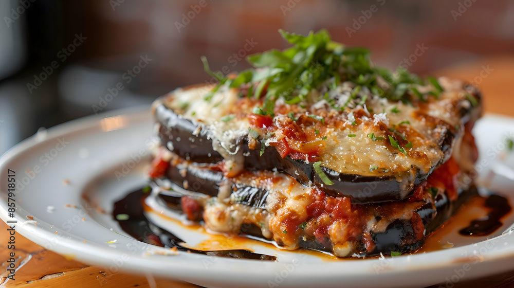 A freshly made plate of fast food eggplant parmesan with vibrant ingredients and rich flavors A freshly made plate of fast food eggplant parmesan with vibrant ingredients and rich flavors