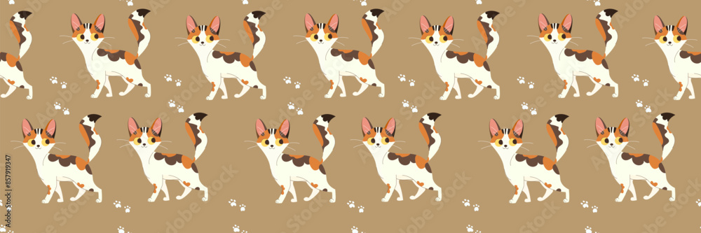 Seamless pattern with cute tricolor Kittens. Creative brown texture. Great for fabric, textile Vector Illustration. Seamless pattern with cute tricolor Kittens. Creative brown texture. Great for fabric, textile Vector Illustration.