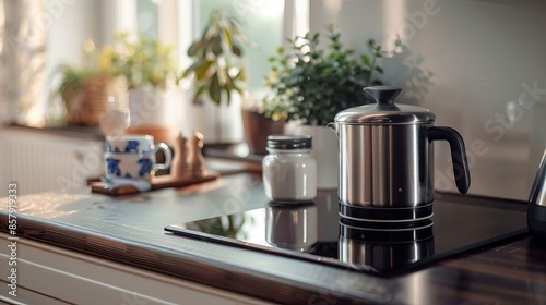 Wallpaper Mural Brewing coffee for breakfast in a steel pot on a built-in induction cooktop, with a white labeled coffee jar and mug beside it, in a minimalist kitchen setting. Torontodigital.ca