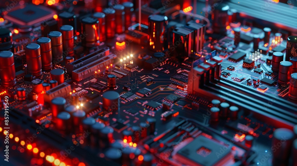 Highlights details of a computer motherboard, focusing on technical aspects. Highlights details of a computer motherboard, focusing on technical aspects.