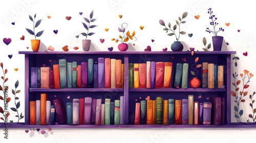 Colorful Bookshelf With Decorative Plants and Hearts