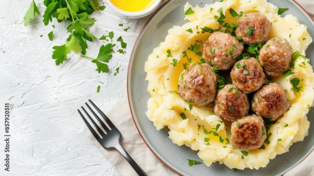 A close-up shot of a plate of homemade meatballs served on a bed of creamy mashed potatoes, garnished with fresh parsley A close-up shot of a plate of homemade meatballs served on a bed of creamy mashed potatoes, garnished with fresh parsley