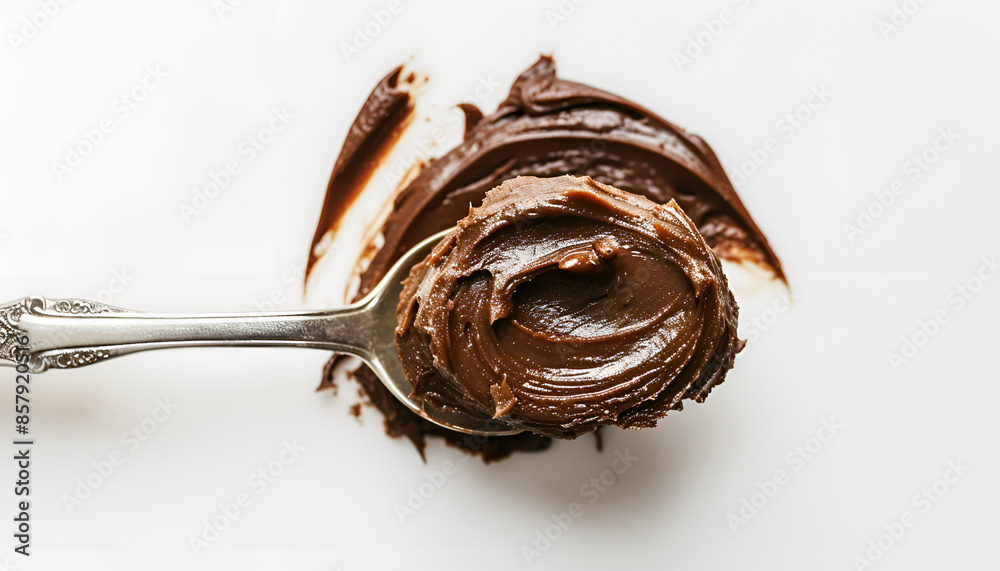 Fototapeta premium Spoon with tasty chocolate paste on white background, top view