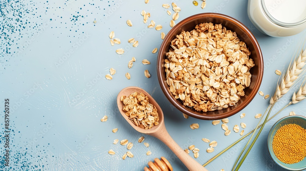 flat lay oat granola cereal with milk and honey flat lay oat granola cereal with milk and honey