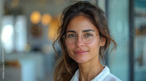 Woman With Brown Hair Wearing Round Glasses in a Modern Setting
