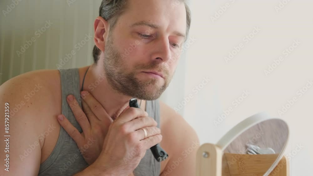 Reflection of a young bearded man shaving his beard holding electric shaver in bathroom. Handsome man sitting in front of the mirror. 30s male cutting trimming mustache using trimmer. Morning routine	