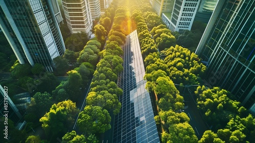 A modern urban cityscape showcasing sustainable infrastructure with solar pavements, emphasizing green and nature-friendly design elements. photo