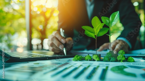 Corporate auditor analyzing sustainability reports, ensuring compliance with ESG standards, promoting eco-friendly business practices, and enhancing corporate transparency. photo