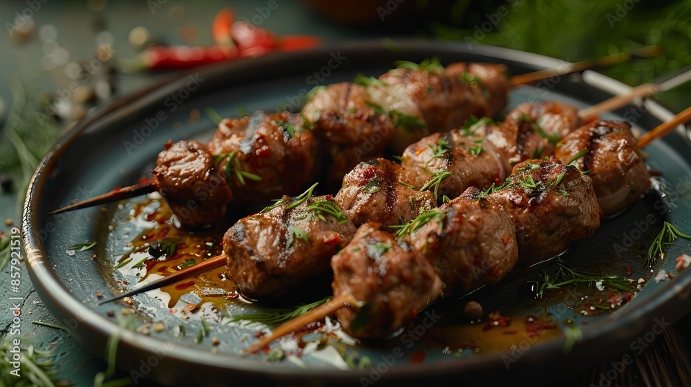 a plate with a delicious kebab, a plate with a delicious kebab,