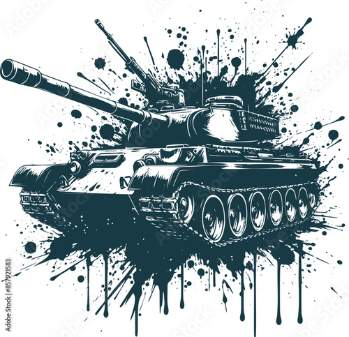 Abstract vector stencil of a modern tracked combat tank with splatters