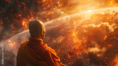 Monk Contemplating Blazing Sunset Over Distant Horizon