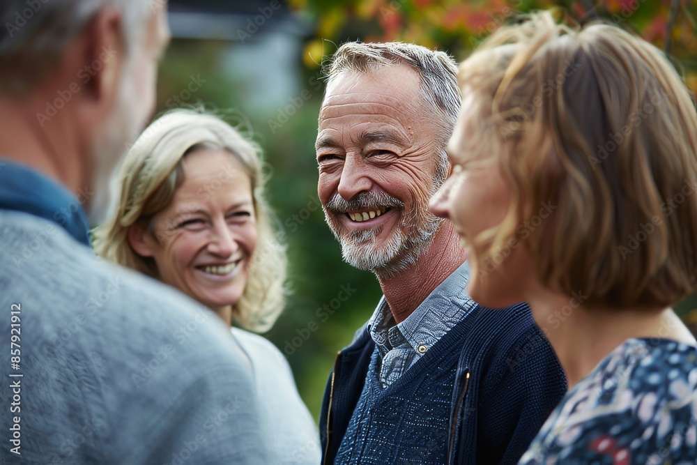 Group of seniors having fun together in the garden, smiling and looking at each other