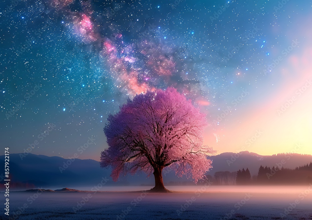Enchanting Pink Tree Illuminated by the Milky Way Under a Starry Night Sky Enchanting Pink Tree Illuminated by the Milky Way Under a Starry Night Sky