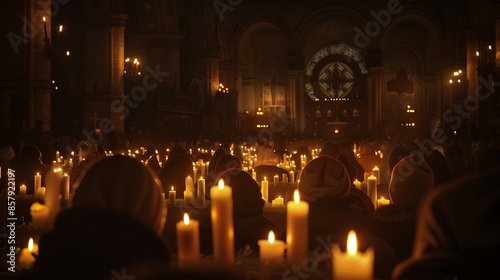**Good Friday candlelit vigil, soft glow and shadows, community gathered in prayer, 32k, full ultra hd, high resolution