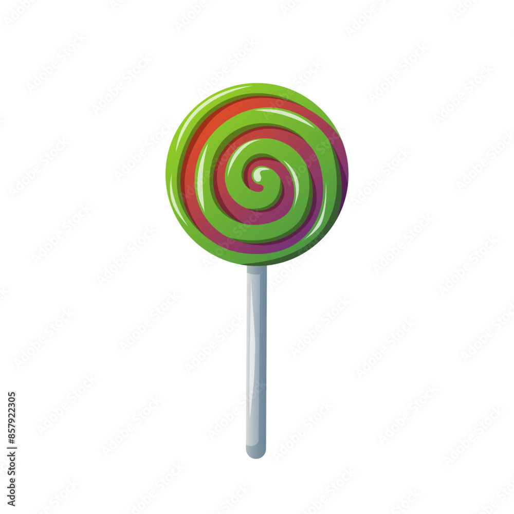 Candy lollipop sugar on stick in cartoon. Spiral sweet colored in green and violet colors. Vector illustration isolated on a white background Candy lollipop sugar on stick in cartoon. Spiral sweet colored in green and violet colors. Vector illustration isolated on a white background