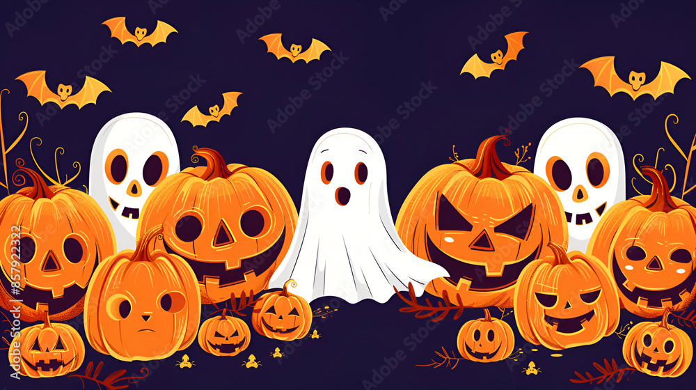 Holiday Halloween banner with Jack-o'-lantern pumpkins, ghosts and flying bats on a black background. Copy space. Holiday Halloween banner with Jack-o'-lantern pumpkins, ghosts and flying bats on a black background. Copy space.