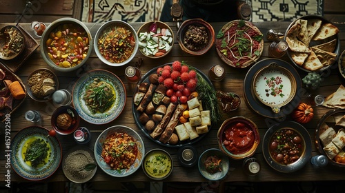 "Traditional Turkish cuisine served on a table."