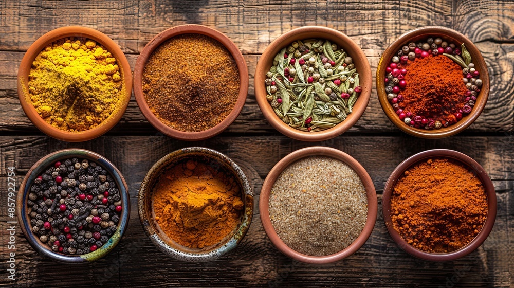 A top-down view of various colorful spices in beautiful ceramic bowls arranged on a rustic wooden surface. Generative AI A top-down view of various colorful spices in beautiful ceramic bowls arranged on a rustic wooden surface. Generative AI