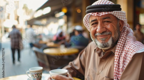 Elderly Man in Traditional Clothing Enjoying Coffee at an Outdoor Cafe in the Middle East