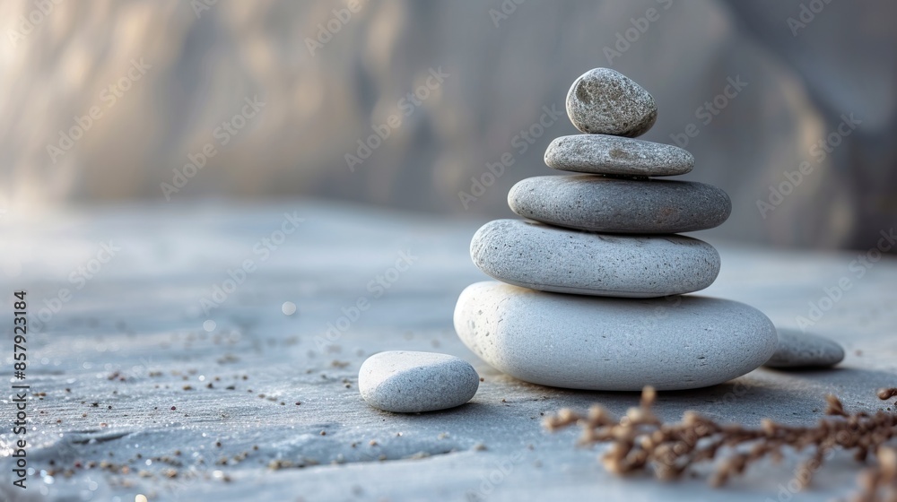 Fotografie A stack of smooth, balanced stones on a flat surface with a blurred background