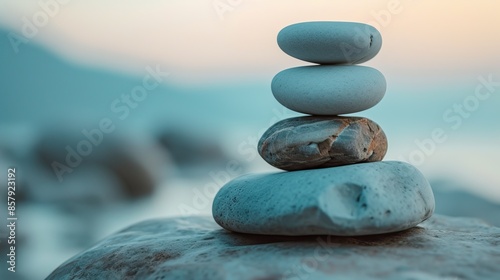 A stack of four smooth stones balanced on top of each other with a blurred background of a calm seascape during sunset.