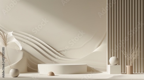 Minimalist interior design with neutral tones, featuring a modern bathtub, decorative vases, and abstract wall art. The scene is serene and elegant, emphasizing simplicity and tranquility.