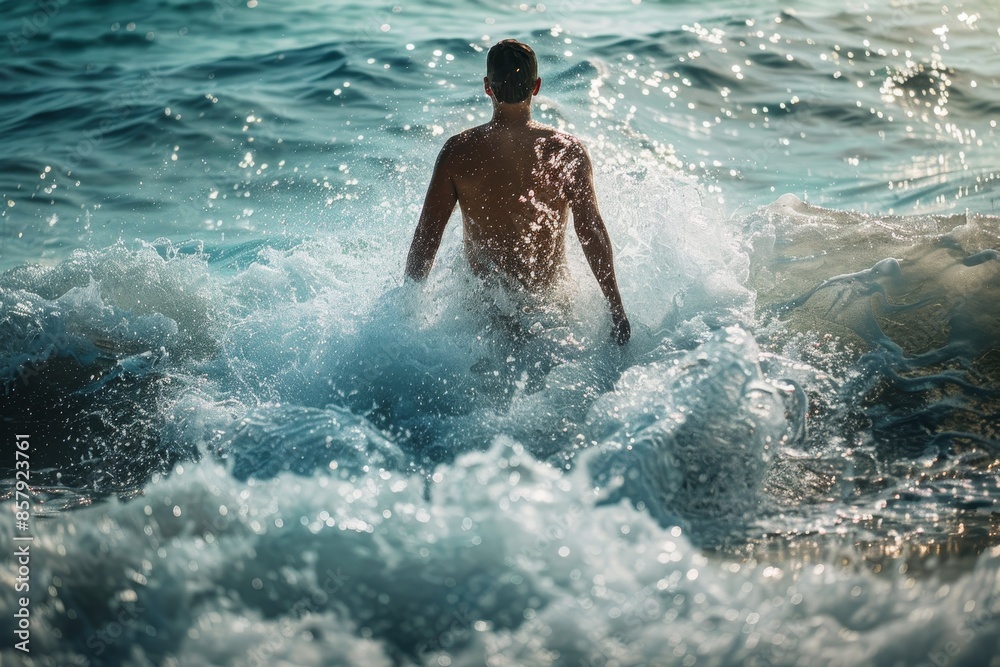 Man walking through waves parting in high quality image capture by the water s edge Man walking through waves parting in high quality image capture by the water s edge