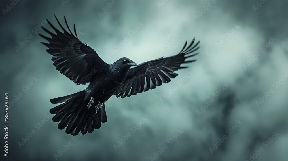 Fototapeta premium Flying blackbird with wings fully extended, stormy sky backdrop, viewed from below, raw style, powerful and dynamic