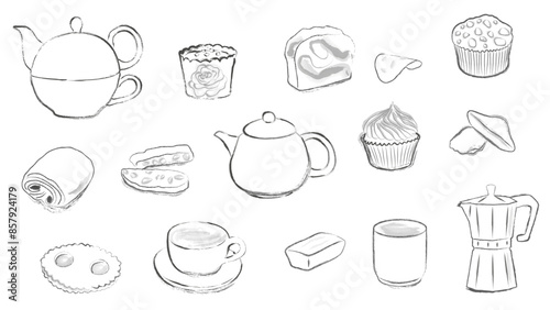 Série d'illustrations sur le thème du petit-déjeuner salon de thé,gourmandises dessinées à la main en noir et blanc:cafetière Italienne,tranche de gâteau, madeleine,pain au chocolat,théière,muffin