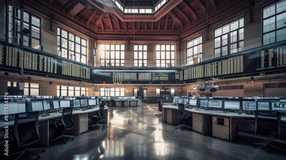 Stock exchange interior with rows of desks and trading Stock exchange interior with rows of desks and trading