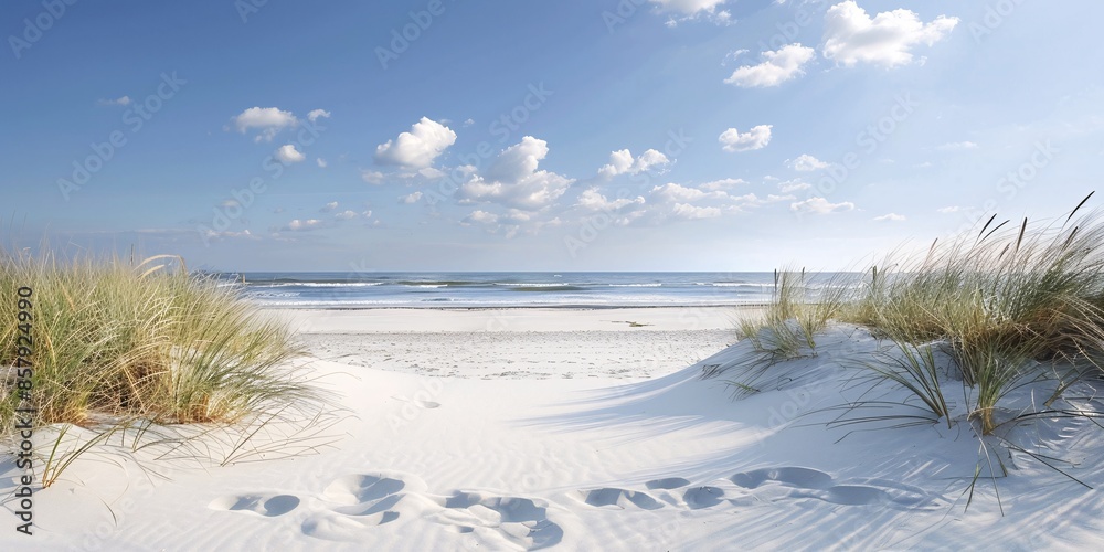 Tranquil Beach with Footprints in White Sand and Dune Grass on a Sunny Day Tranquil Beach with Footprints in White Sand and Dune Grass on a Sunny Day