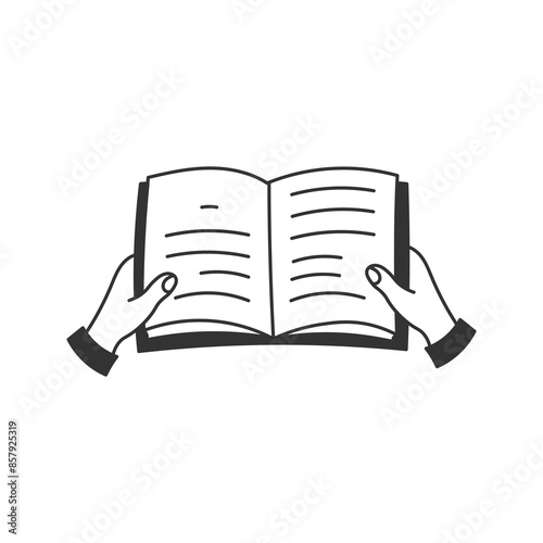 Two Hands Holding Open Book Doodle Icon. Hand drawn line vector illustration. Reading Knowledge Literature Studying outline symbol.