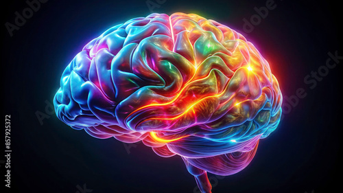Colorful Neon Brain on Black Background: Ideal for Digital Art Projects with Copy Space