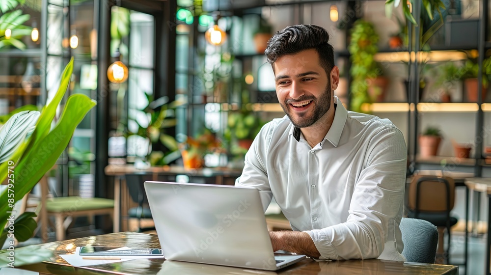 Man sitting working in office with smiling face Man sitting working in office with smiling face