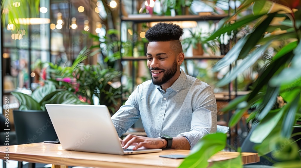Fototapeta premium Man sitting working in office with smiling face