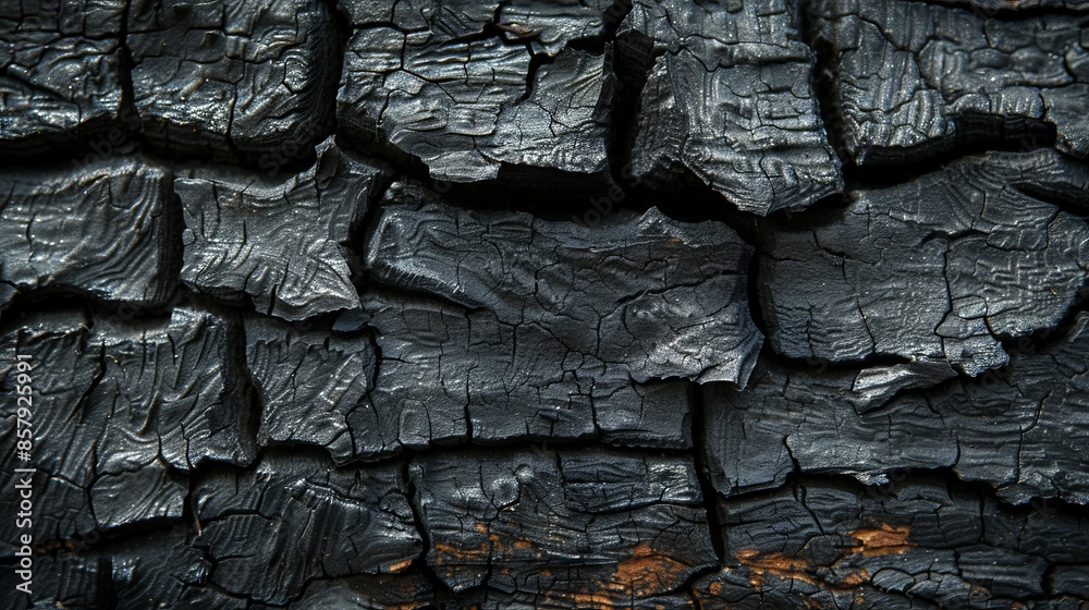 Close-up image of a piece of mahogany wood burned to charcoal. The charcoal is black with a rough texture and unique cracks, making it suitable for use as a background. Close-up image of a piece of mahogany wood burned to charcoal. The charcoal is black with a rough texture and unique cracks, making it suitable for use as a background.
