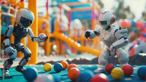 Humanoid robot and child enjoying a ball game, amidst colorful play structures, raw style, detailed and lively photo