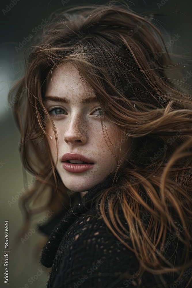 Beautiful young girl with brown hair blowing in the wind Beautiful young girl with brown hair blowing in the wind